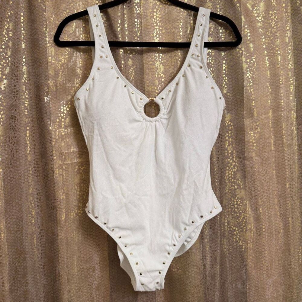 Michael Kors White Gold Hardware O-Ring Studded One Piece Swimsuit Size 14